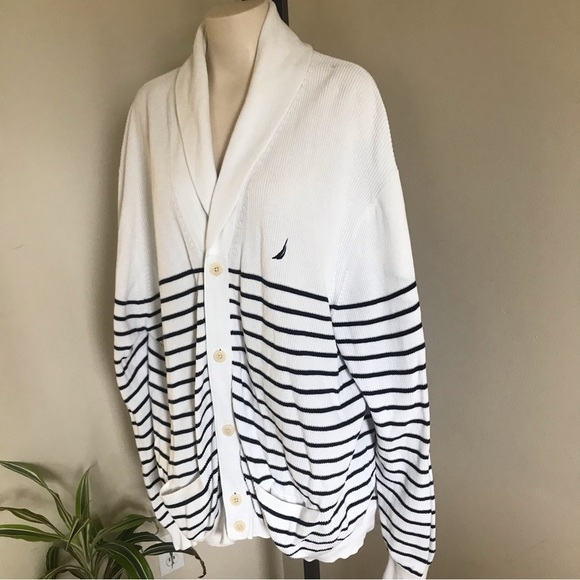 NAUTICA Cardigan White Blue Stripes Spring 100% Cotton Plus Size 3XL 3X​​ - Picture 2 of 7